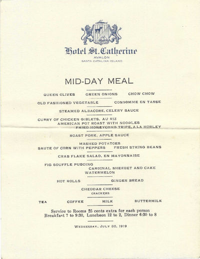 Mid-Day Meal, Hotel St. Catherine, Avalon, Santa Catalina Island. July 30, 1919