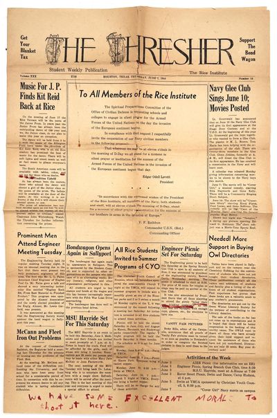 Houston, Texas, 1944. Good to very good. Toned, short tears, folds.. An annotated proof of a student...