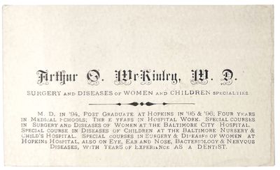 1900. Good to very good. A little dust soiling.. Lithographed business card of Arthur O. McKinley, M...