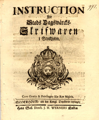 Instruction för stads dagswärcks-skrifwaren i…