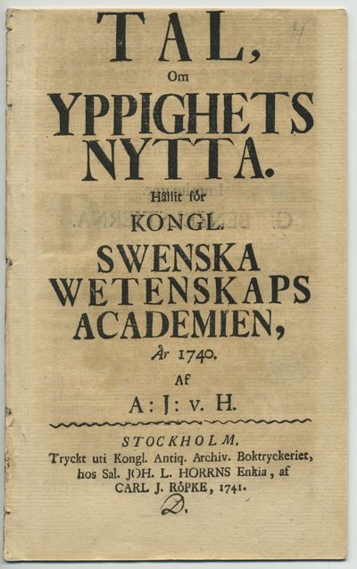 Tal, om yppighets nytta. Hållit för kongl.…