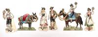 Set of 5 Die-cut Alpine Figures with Horse & Donkey Decorated for a Festival c1900