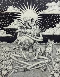 ORIGINAL PEN AND INK DRAWING TITLED "SKELETON WITH CATS" [Signed]