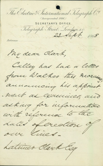 Autograph letter signed to Latimer Clark
