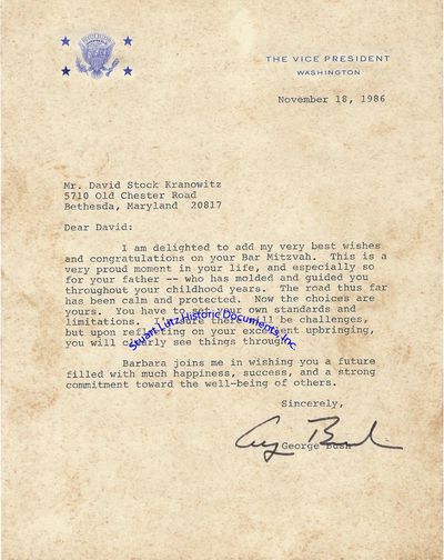 Vice President Bush Congratulates A Young Man On His Bar Mitzvah: This Is A Very Proud Moment In Your LifeYou Have To Set Your Own Standards And Limitations A Future Filled With Much Happiness, Success, And A Strong Commitment Toward The Well-Being Of Others