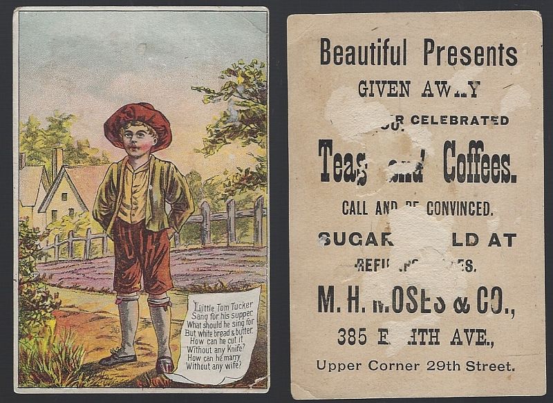 VICTORIAN TRADE CARD FOR M. H. MOSES TEAS AND COFFEES WITH LITTLE TOM TUCKER