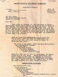 OFFICIAL LETTER FROM UNION PACIFIC RAILROAD COMPANY REGARDING CUISINE ON TRAIN 38