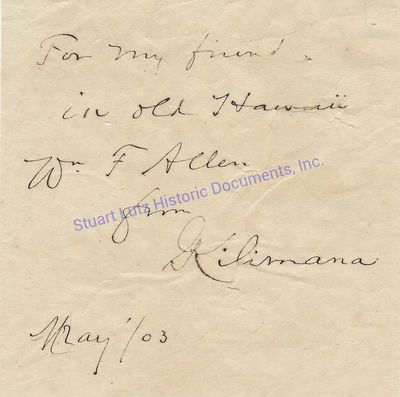 An Autograph From Kilimana Inscribed To William F. Allen, A Fellow New Englander Who Traveled To Hawaii