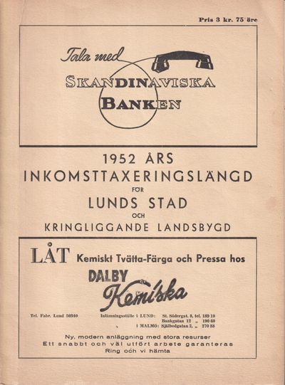1952 års inkomsttaxeringskalender för Lunds stad…