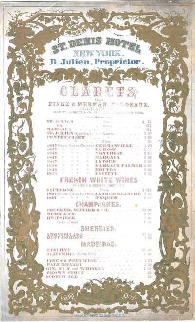 St. Denis Hotel, New York. D. Julien, Proprietor. Clarets, from Finke & Merman, Bordeaux, Sole Agents, Schmidt, Schmidt & Co., 18 Beaver Street