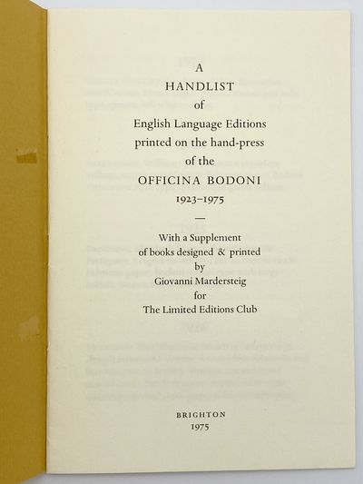 A Handlist of English Language Editions printed on the hand-press of the Officina Bodoni 1923-1975