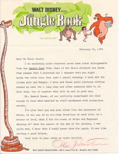 OLLIE JOHNSTON. Archive of fvie SIGNED LETTERS, two Autograph Letters Signed and three Typed Letters Signed, all relating to Disney's film, "The Jungle Book," or "Disney Animation: The Illusion of Life," Disney Studios 1981 book on animation