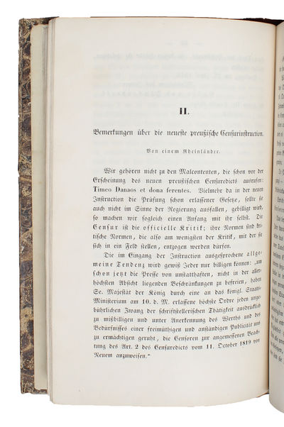 Anekdota zur neuesten deutschen Philosophie und Publicistik von Bruno Bauer, Ludwig Feuerbach, Friedrich Köppen, Karl Nauwerk, Arnold Ruge und einigen Ungenannten. 2 bde. [(Marx): Bemerkungen über die neueste preußische Censurinstruction. Von einem Rh... - [DEFINING THE ESSENCE OF REASON AS FREEDOM - MARX' DEBUT ARTICLE] (photo 3)