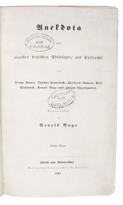 Anekdota zur neuesten deutschen Philosophie und Publicistik von Bruno Bauer, Ludwig Feuerbach, Friedrich Köppen, Karl Nauwerk, Arnold Ruge und einigen Ungenannten. 2 bde. [(Marx): Bemerkungen über die neueste preußische Censurinstruction. Von einem Rh... - [DEFINING THE ESSENCE OF REASON AS FREEDOM - MARX' DEBUT ARTICLE] (photo 4)