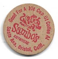 Sambo&#039;s Restaurants Wooden Nickel Good for &quot;FREE&quot; 10Â¢ Cup of Coffee by Sambo's Restaurants - 1976