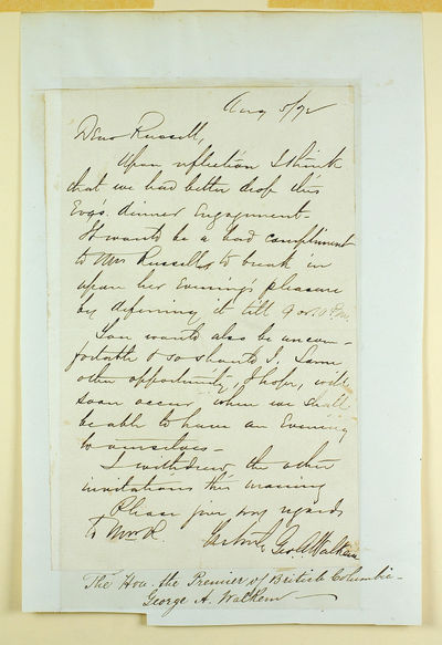 A.L.S. from George A Walkem, 3rd and 5th the Premier of British Columbia