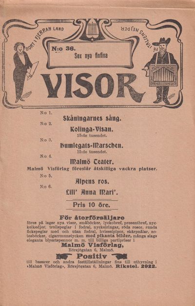 Sex nya finfina visor. [Utg. av] Malmö Visförlag.