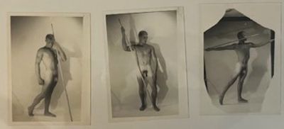 Three 5" x 7" Photograph Prints from the Mid-Century "Beefcake" Era of a Nude Male Model in a Series of Poses with a Bamboo Staff