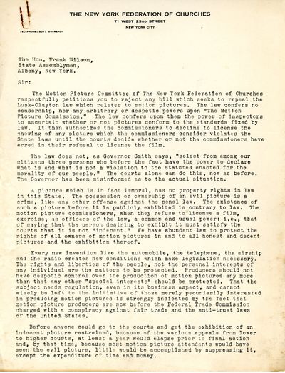 Typed-Printed Letter signed, as Chairman, Motion Picture Committee, New York Federation of Churches, New York, undated [1923], to State Assemblyman, Frank Wilson, Albany, New York