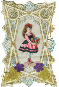 Geometric Design Lace Paper with Purple Silk Flowers and Leaves. Pretty Girl at Center