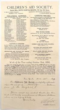 Children's Aid Society Donation Receipt and Circular -- 1894