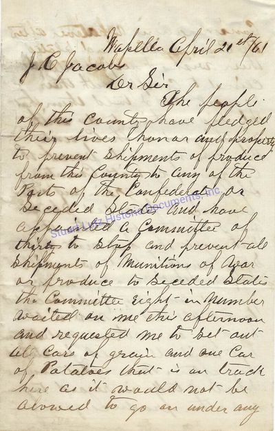 (CIVIL WAR HOMEFRONT). ALS. 3pg. April 21, 1861. Wasella . An autograph letter signed J.F. Emery to ...