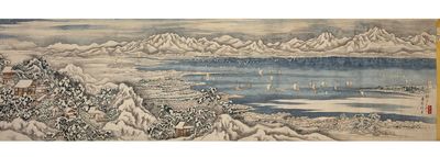 Picture handscroll (emaki) on paper, with four extremely long & highly detailed seasonal paintings, using brush & many colors of pigment, of four different views of the landscapes of Kobe, the connecting coastline, prominent landmarks, Osaka in the distance, the Inland Sea, & surrounding mountains
