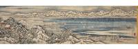 Picture handscroll (emaki) on paper, with four extremely long & highly detailed seasonal paintings, using brush & many colors of pigment, of four different views of the landscapes of Kobe, the connecting coastline, prominent landmarks, Osaka in the distance, the Inland Sea, & surrounding mountains