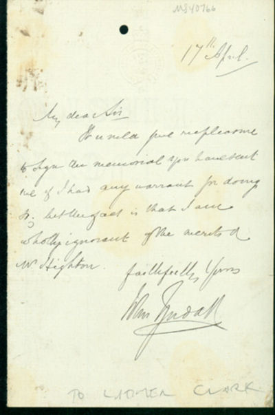 Autograph letter signed, probably to Latimer Clark