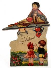 Mechanical Fly Boy Valentine Holding Hearts in Sky above Waiving Kids