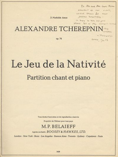 Le Jeu de la Nativité Partition chant et piano ... À Mathilde Amos ... op. 74. For voice and piano