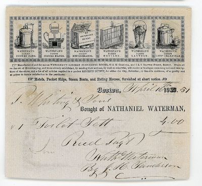 Waterman's Kitchen Furnishing Billhead with engravings of products