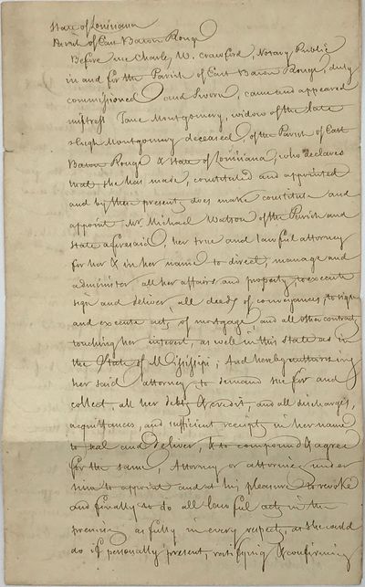 Baton Rouge, LA, 1835. Folio. Three pages, approximately 400 words; with the notary's embossed stamp...