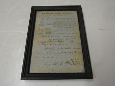 Telegram from A.G. White to Mrs. P.H. Thomas dated August 21, 1852, stating "Father and Mother saved from Steamer Atlantic sunk on Lake Erie