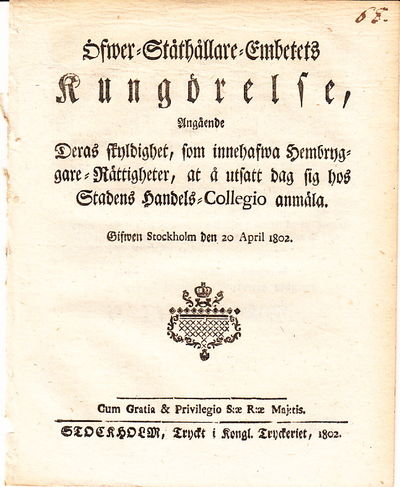 Öfwer-Ståthållare-Embetets Kungörelse, Angående…