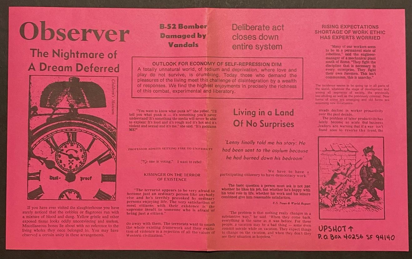 Observer: The nightmare of a dream deferred [handbill] by John] [Zerzan