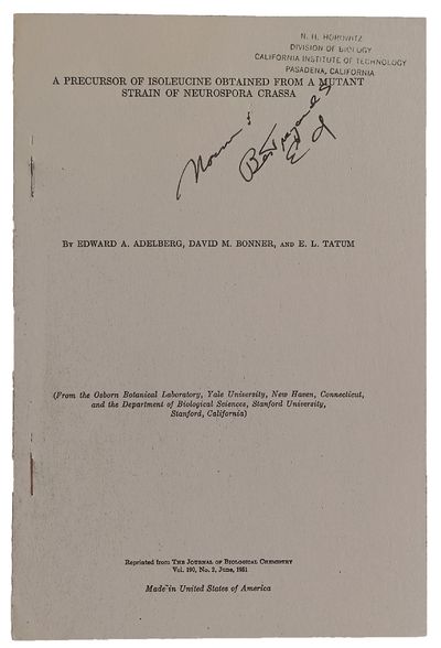 Group of 6 offprints. Includes: ADELBERG, David M. BONNER, & Edward L. TATUM. "A Precursor of Isoleucine Obtained from a Mutant Strain of Neurospora Crassa." Offprint from: Journal of Biological Chemistry, vol. 190, no. 2.