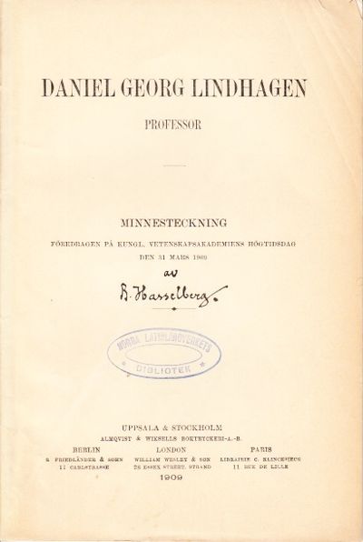 Daniel Georg Lindhagen, professor. Minnesteckning…