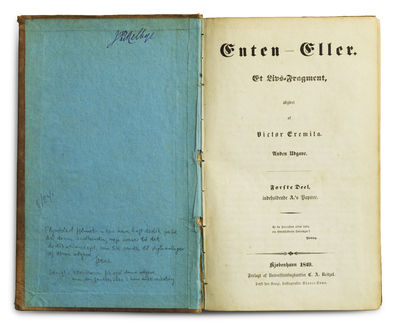 Enten – Eller. Et Livs=Fragment udgivet af Victor Eremita. Anden Udgave. Første Deel, indeholdende A.’s Papirer + Anden Deel, indeholdende B.’s Papirer, Breve til A. - [IN PRESENTATION-BINDING, ONE OF SIX COPIES ON THIN VELLUM-PAPER] (photo 2)