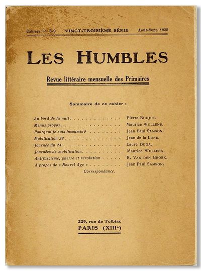 Les Humbles. Revue littéraire mensuelle des Primaires. Cahiers no. 8-9, Aout-Sept 1938