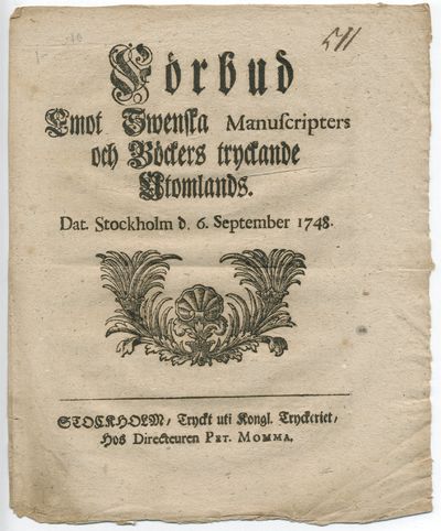 Förbud emot swenska manuscripters och böckers…