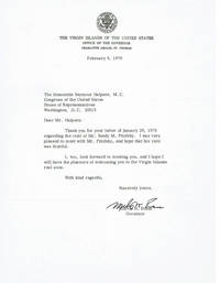 image of TYPED LETTER SIGNED by the first elected GOVERNOR OF THE US VIRGIN ISLANDS MELVIN H. EVANS.