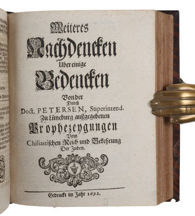 - Hans Wandal: Chiliasmi veteris et novi orthodoxa consideratio. Copenhagen, Bockenhoffer for Liebe, 1692. - Johann Wilhelm Petersen: Send-Schreiben an einige Theologos... (No place, nor printer), 1692. - Idem: Weiteres Nachdencken... vom Chiliastisch... - [SAMMELBAND ON EARLY PIETISM CONTROVERSIES] (photo 3)