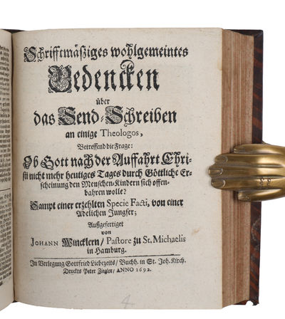 - Hans Wandal: Chiliasmi veteris et novi orthodoxa consideratio. Copenhagen, Bockenhoffer for Liebe, 1692. - Johann Wilhelm Petersen: Send-Schreiben an einige Theologos... (No place, nor printer), 1692. - Idem: Weiteres Nachdencken... vom Chiliastisch... - [SAMMELBAND ON EARLY PIETISM CONTROVERSIES] (photo 4)