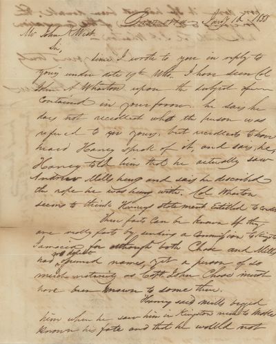 Letter to John K. West, Member of the Notorious "New Orleans Associates," Discussing a Conversation with John Austin Wharton Concerning a Crime in Texas, a Hanging, and Fugitives in Jamaica, 1838
