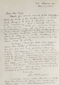 Autograph Letter, signed. One page. To Mrs Towle. Thanking her for hospitality in Durham and on project on the History of American Architecture