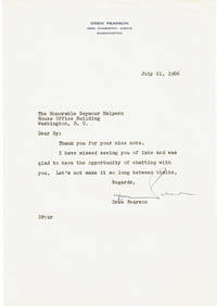 TYPED LETTER SIGNED by &quot;Washington Merry-Go-Round&quot; columnist DREW PEARSON, together with a Christmas Greeting signed by his wife. by Pearson, Drew (1897-1969). American Journalist and Columnist - 1966.