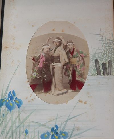 Japanese Lacquer Photo Album with Watercolor Vignettes on Borders, with Original Box