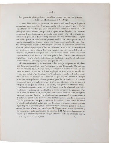 Le Daguerréotype. (Seance du Lundi 19 Aout 1839). (+ Daguerre:) Des procédés photogéniques comme moyens de gravure - Lettre de M. Daguerre à M. Arago. (Séance du Lundi 20 Septembre 1839). (photo 4)