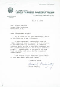 TYPED LETTER TO CONGRESSMAN SEYMOUR HALPERN SIGNED BY LABOR LEADER DAVID DUBINSKY, PRESIDENT OF THE INTERNATIONAL LADIES&#039; GARMENT WORKERS&#039; UNION. by Dubinsky, David. (1892-1982). American labor leader who served as president of the International Ladies' Garment Workers' Union from 1932 to 1966 - 1966.